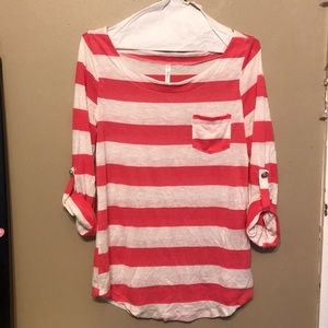 3/4 white and pink stripped pocket shirt